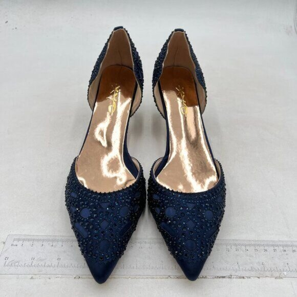 XYD Women's Pumps,Pointed Toe, D'Orsay Kitten Low Heels, Rhinestone Studs,Blue - Picture 3 of 8